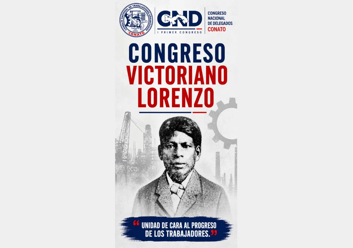 Delegados junto al afiche del Congreso Victoriano Lorenzo